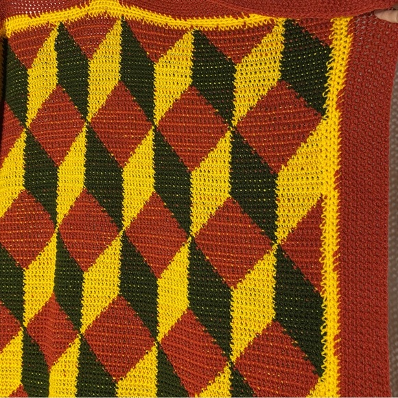 Vintage Handmade Red Yellow Green Geometric Pattern Crochet Afghan Blanket - Picture 11 of 12